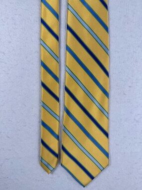 Brooks Brothers 100% Silk Necktie Yellow Blue White Stripe Stain‑Resistant